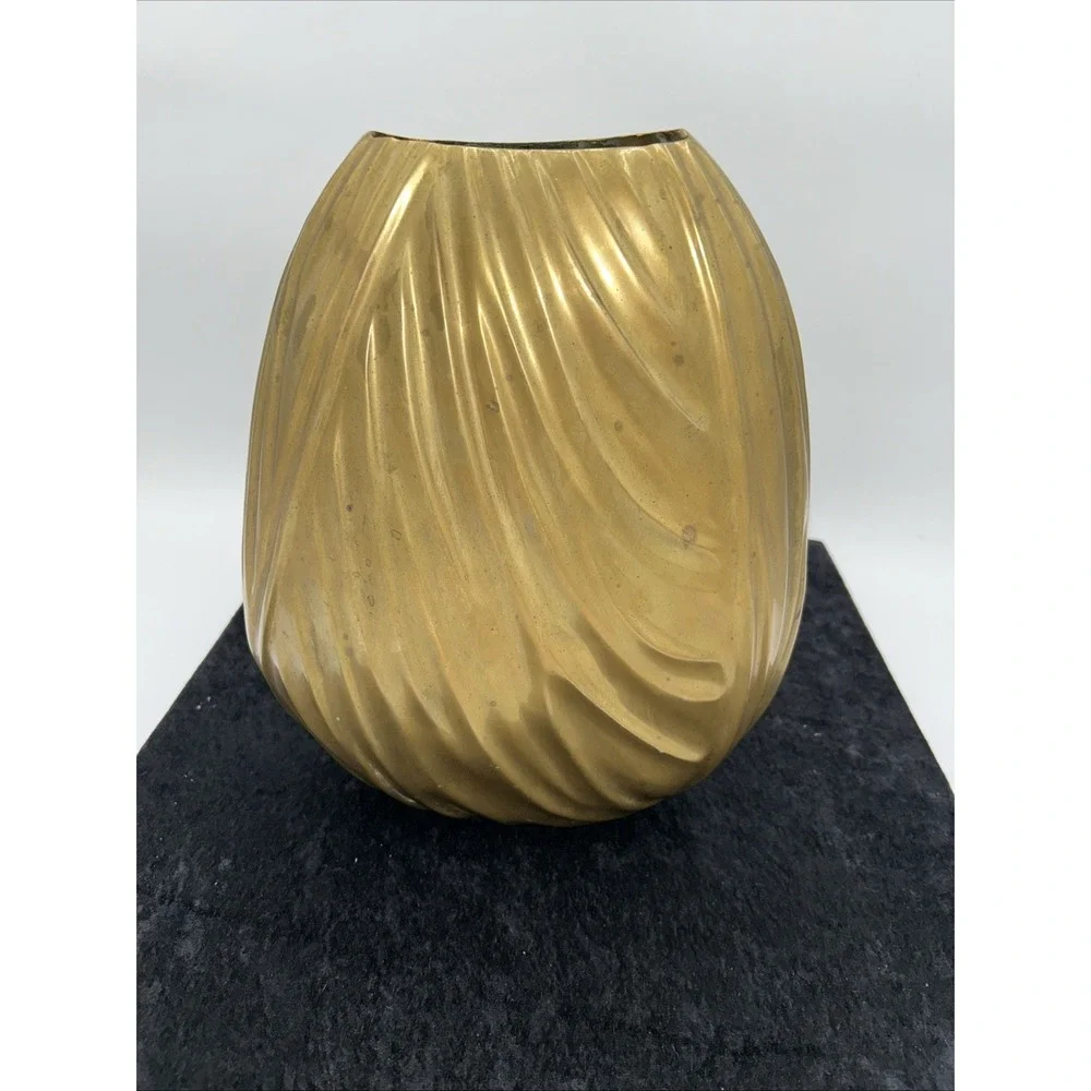 Large Solid Brass Vase Made In India Vintage Modern Gold Vessel Waves Patina